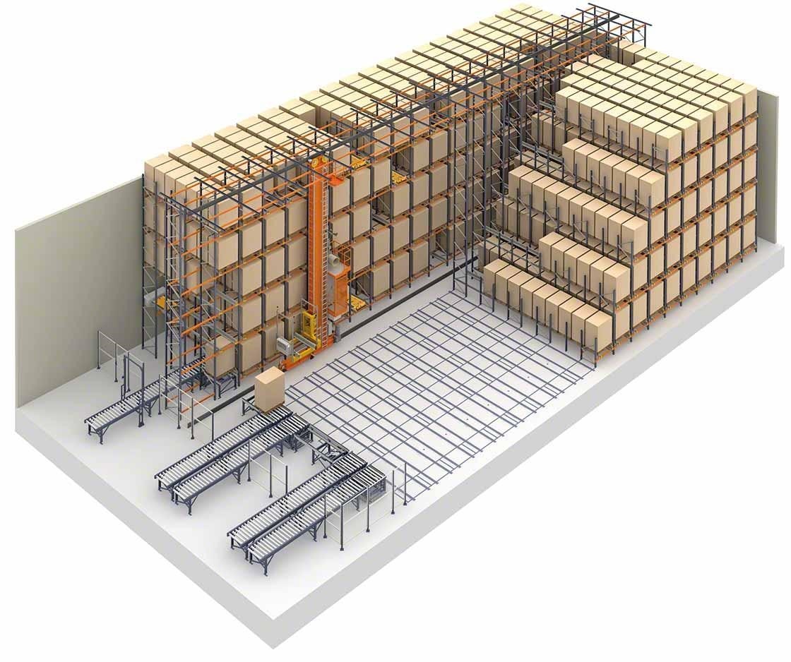 Représentation d’un entrepôt utilisant des solutions de stockage par accumulation et un Pallet Shuttle automatisé