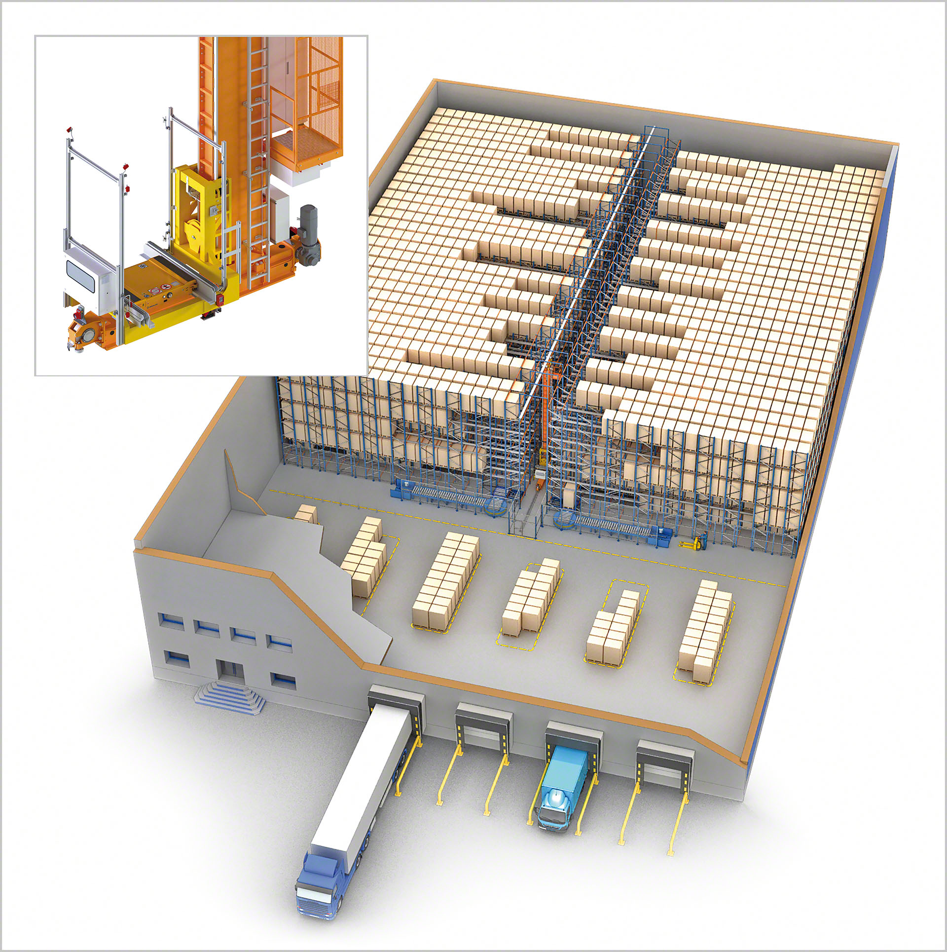 Associer transstockeur et APS permet d'optimiser la capacité de stockage : une seule allée de petites dimensions est nécessaire