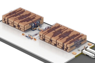 Grâce à une allée avec navette de transfert, la navette automatisée peut fonctionner dans différents modules d'un même entrepôt